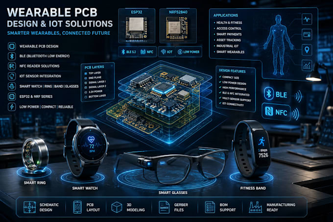 design wearable pcb, ble, nfc iot devices, esp32 based smart systems