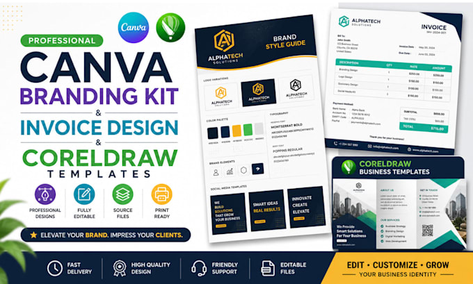 design canva branding kit, invoice,coreldraw business templates,flyer capability