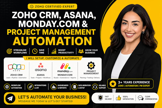 setup zoho crm, asana, moday com, and project management automation