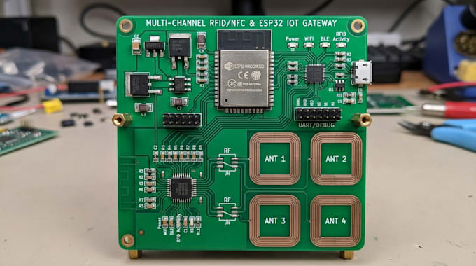 design multi channel rfid nfc pcb, antenna array, esp32 iot uart wifi ble rsp
