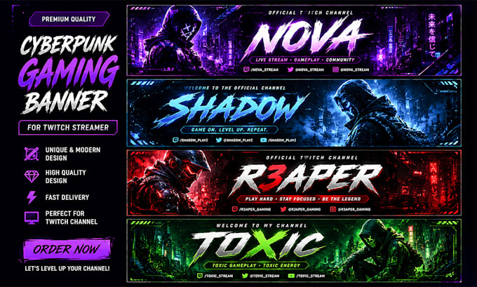design cyberpunk gaming banner for twitch