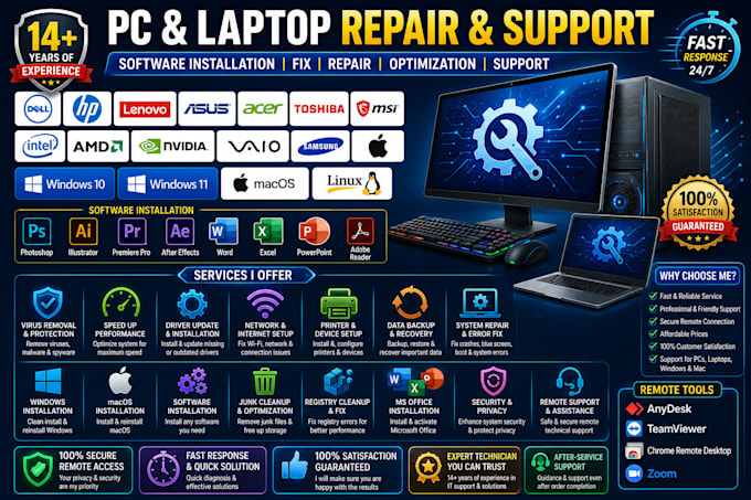 install any software, fix, repair windows, mac, computer, laptop remotely