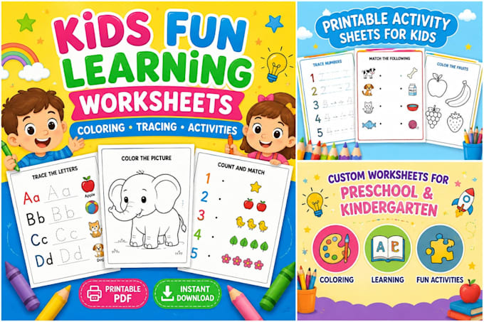 create printable kids activity worksheets, coloring book and preschool pages