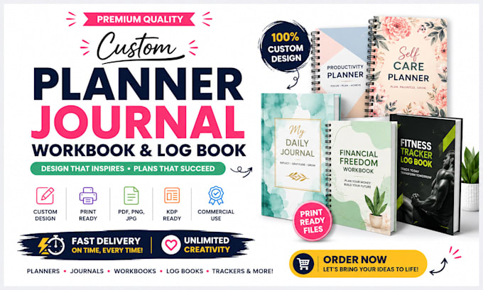design a custom planner, journal, log book, workbook