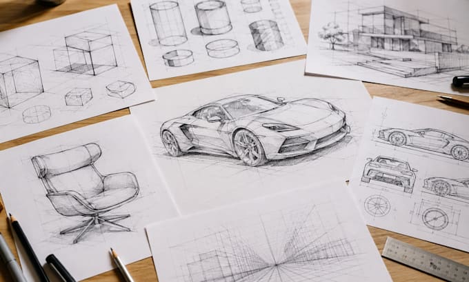 create industrial design and perspective technical sketches