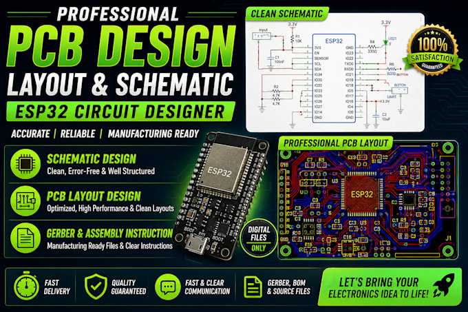 do pcb design, pcb layout, esp32 circuit and assemble instruction