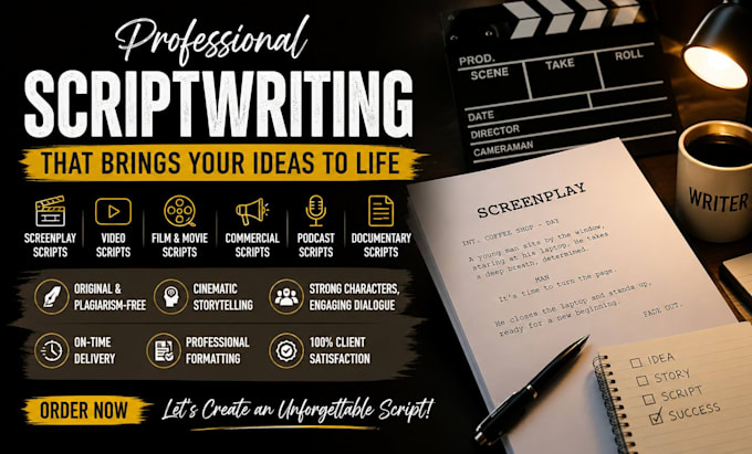 write screenplays, scriptwriting, youtube scripts, and film scripts