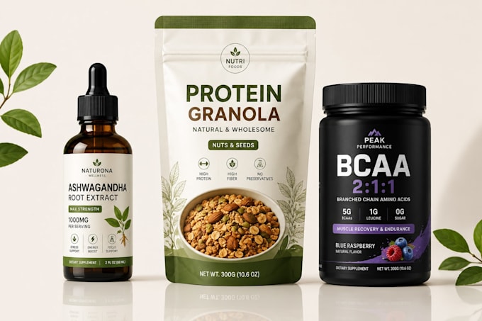protein powder pouch packaging, supplement label design for amazon