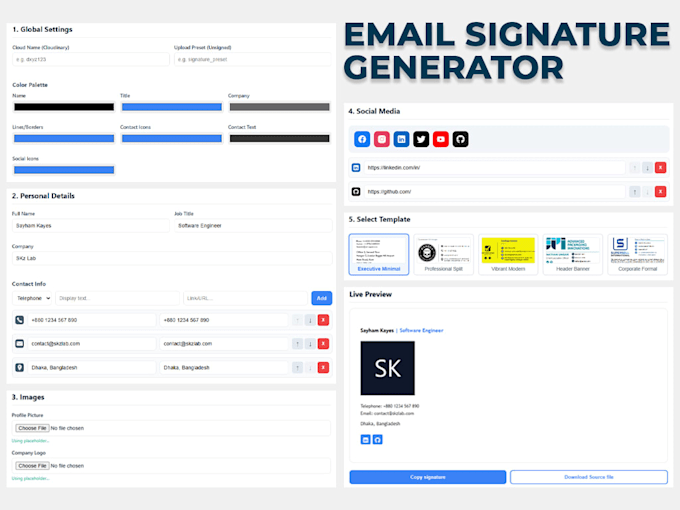 develop an editable HTML email signature generator app