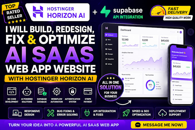hostinger horizon website no code ai saas web app fix bluehost and supabase api