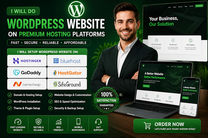 wordpress website on hostinger, bluehost, godaddy hostgator namecheap siteground