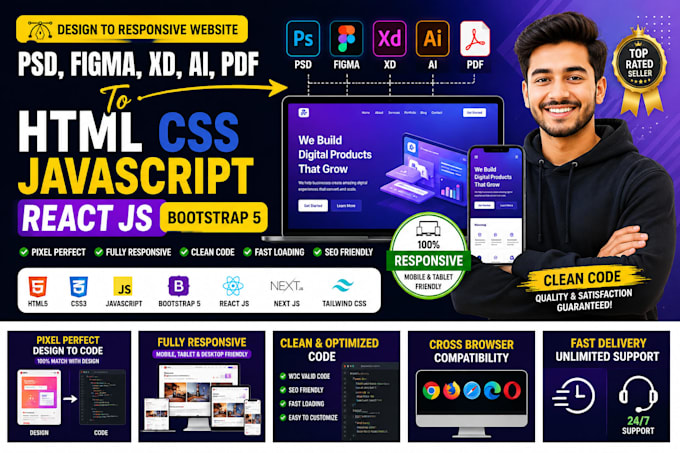 psd to html figma to html xd to html react js css javascript responsive website