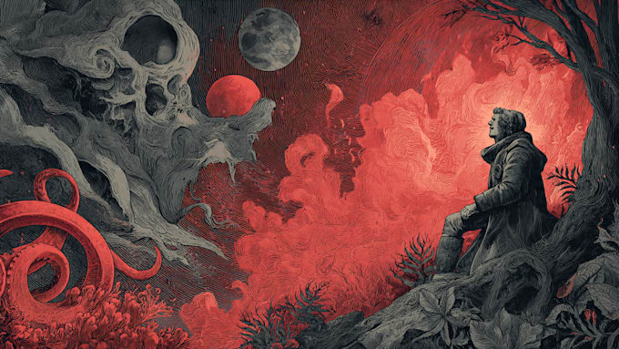 create detailed dark art illustrations for bands and merch