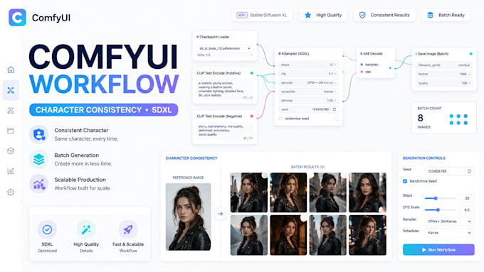 build comfyui workflow for sdxl batch  character consistency image generation