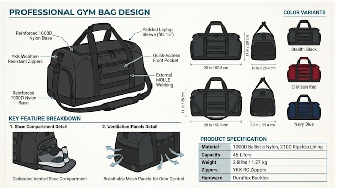 design detailed bag tech pack and technical drawing for backpack golf duffle bag