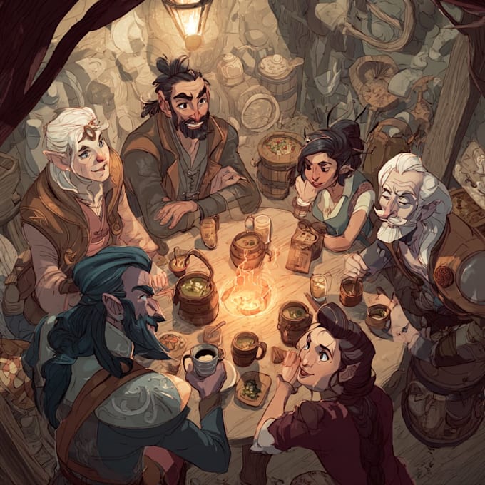 do group party character art, dnd party