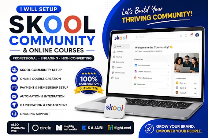 setup skool, skool community, skool online course and skool community manager