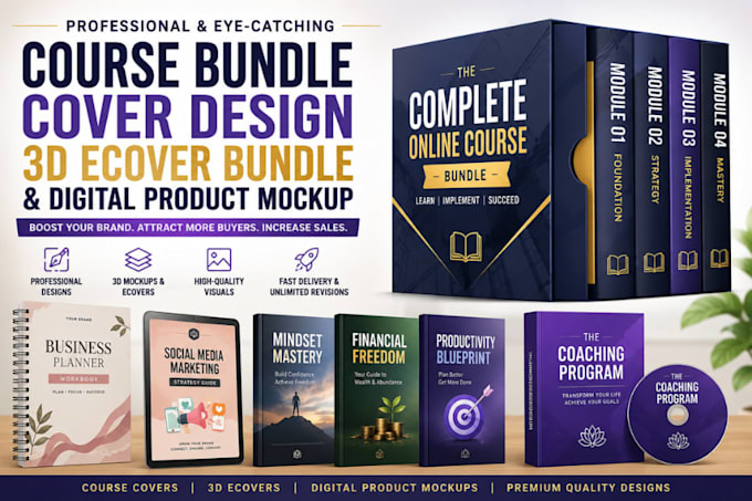 design course bundle cover, 3d ecover bundle and do digital product mockup