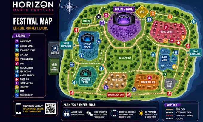 design a festival or event map and visitor navigation layout system