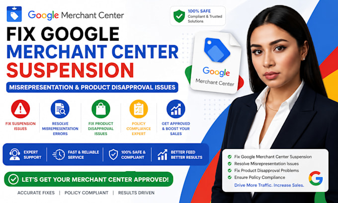 fix google merchant center suspension, misrepresentation, and product feed issue