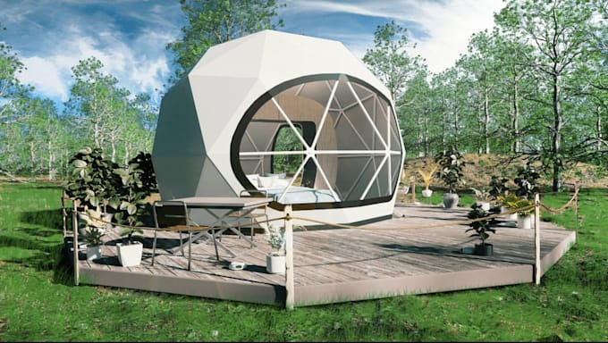 design 3d glamping dome, tiny house, outdoor cabana interior