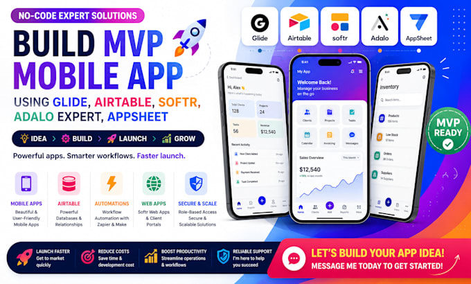 build mvp mobile app using glide airtable softr adalo expert, appsheet