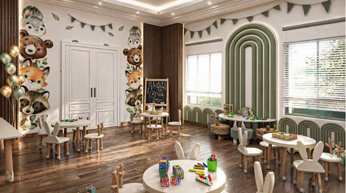design 3d kids classroom, interior decor plan,8k render mood board,shopping list
