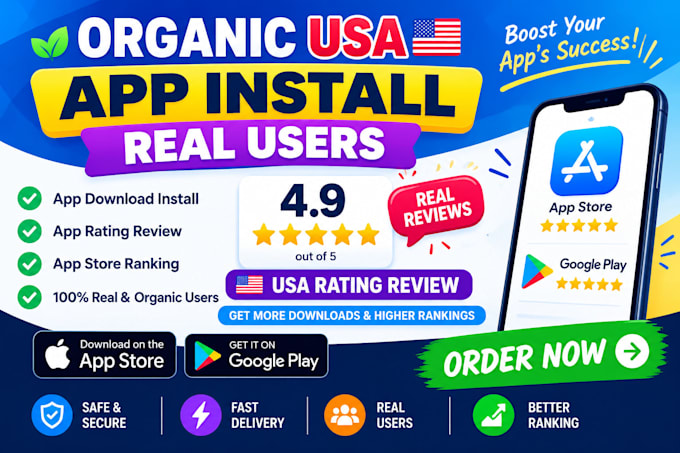 do 1000 USA mobile app install, ios android app download, app rating review