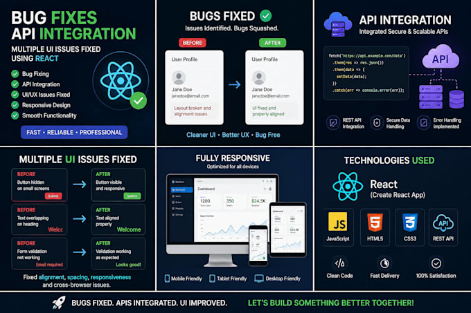 fix react js bugs, API integration, redux and frontend issues