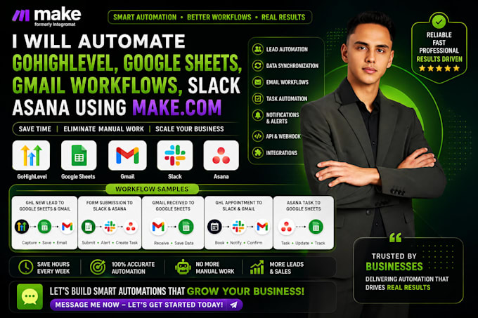 automate gohighlevel, google sheets, gmail workflows, slack asana using make com