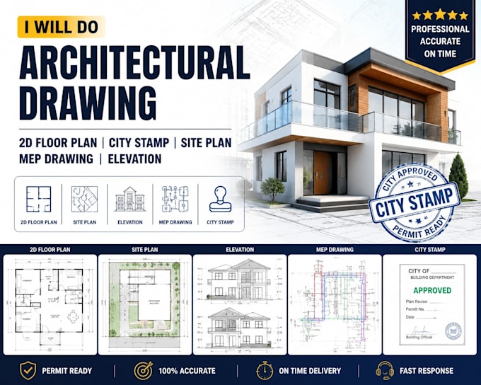 create professional 2d floor plans, site stamp, elevations and mep drawings
