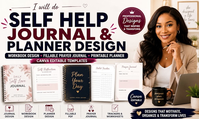 do self help journal design planner, workbook design fillable prayer journal