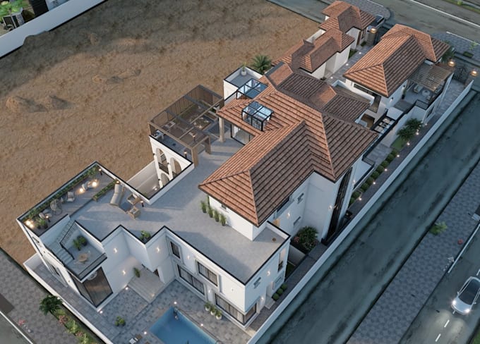 cgi estate property render,mansion exterior,3d villa,rooftop terrace, courtyard