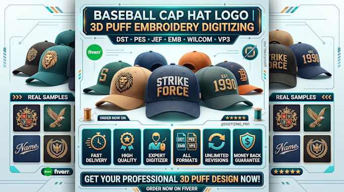 baseball cap hat logo 3d puff embroidery digitizing dst pes jef emb wilcom vp3