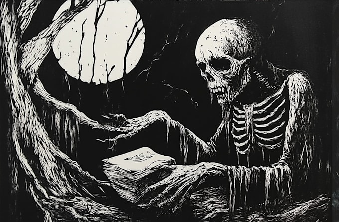 make dark art, concepts, linocut or woodcut illustrations