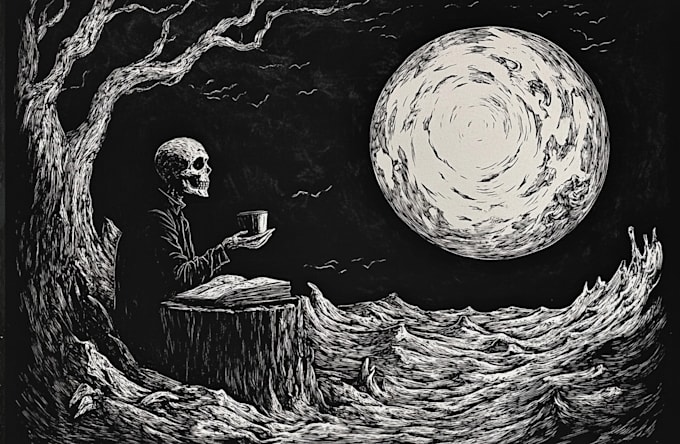 make dark art, concepts, linocut or woodcut illustrations