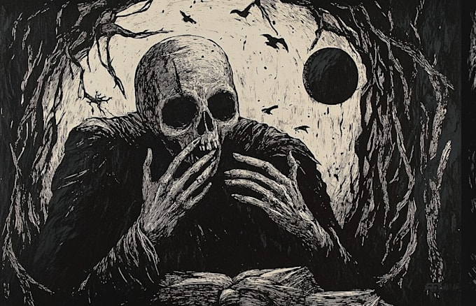make dark art, concepts, linocut or woodcut illustrations