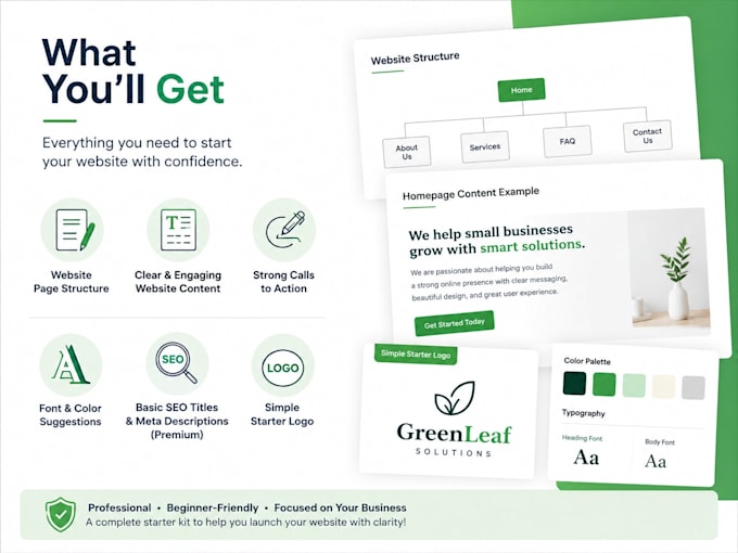 create your website content and simple starter logo