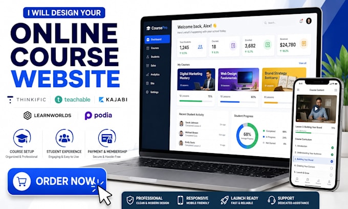design your thinkific, teachable, kajabi or learnworlds course website