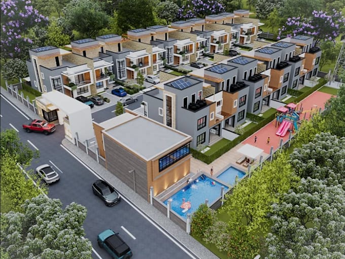 townhouse master plan visual,residential estate,siteplan design,exterior render