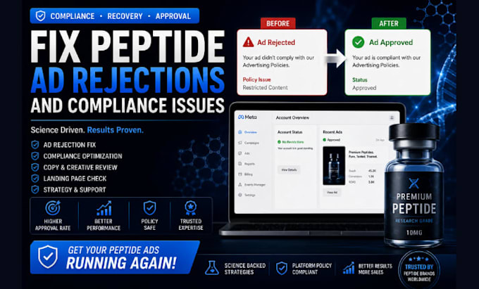 fix peptide  facebook  ads issues, setup tiktok, google ads for peptide website