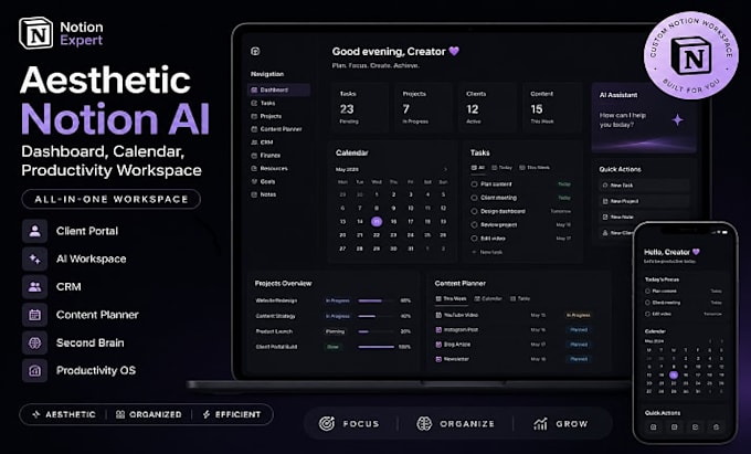 create custom notion ai workspace, CRM, content calendar dashboard