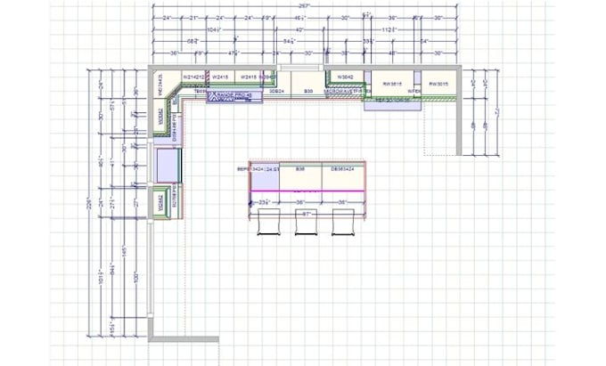create 2d kitchen cabinet layout, custom kitchen design, elevations and plans