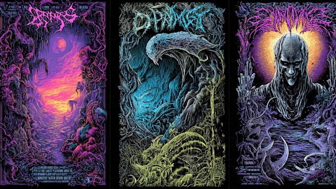 create detailed dark art illustrations for bands and merch