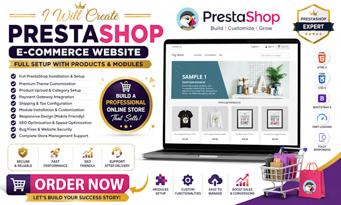 create full prestashop ecommerce website setup with product and modules