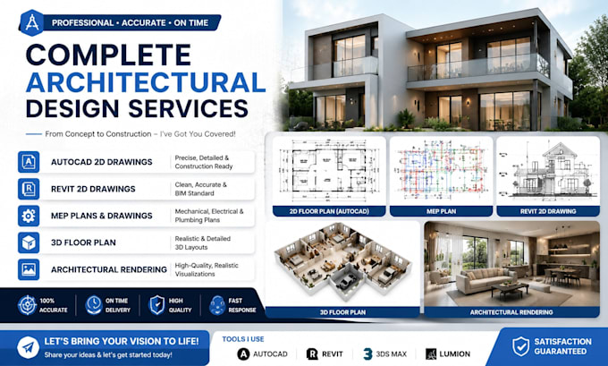 do autocad, revit 2d drawings, mep plans, 3d floor plan and architectural render