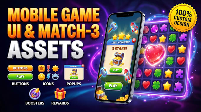 design mobile game UI and match 3 game assets UI UX
