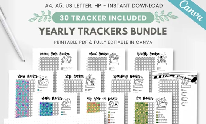 design bullet journal pages, habit tracker inserts, flowcharts, weekly log pages
