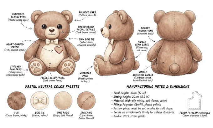 design custom plush reference sheet tech pack stuffed animal toy or ych concept