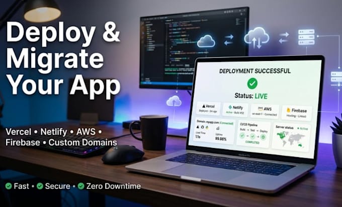 deploy and migrate your app to vercel, netlify, AWS, firebase, or custom domain